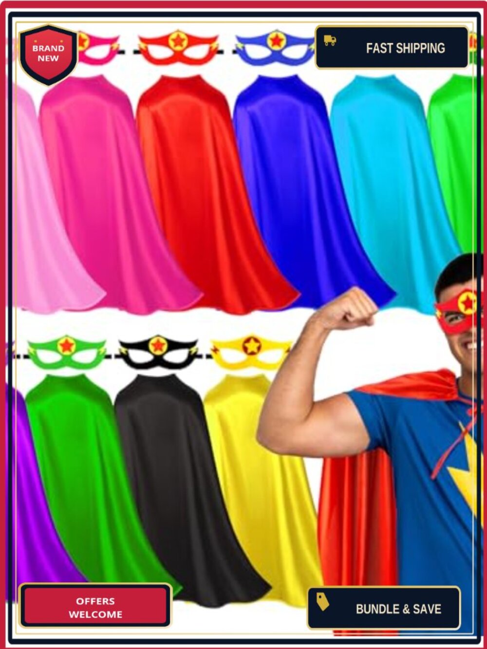 Superhero Capes and Masks 10 Pack Satin 75D Adults Costume Accessory Set